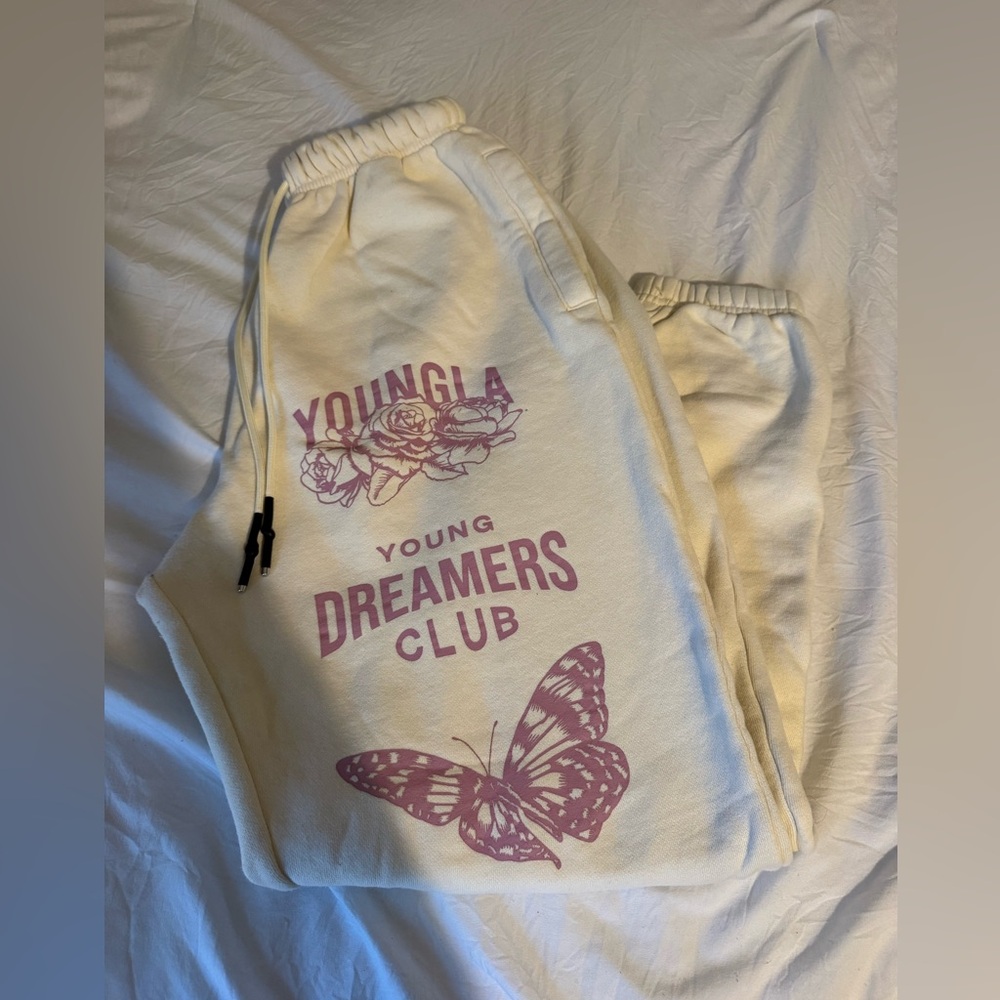 YoungLA Cream Track Joggers with Pink Graphic